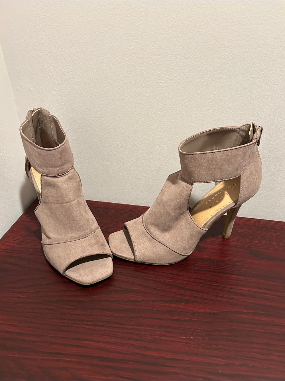 LC Lauren Conrad Women's Taupe Suede Open-Toe Ankle Heels